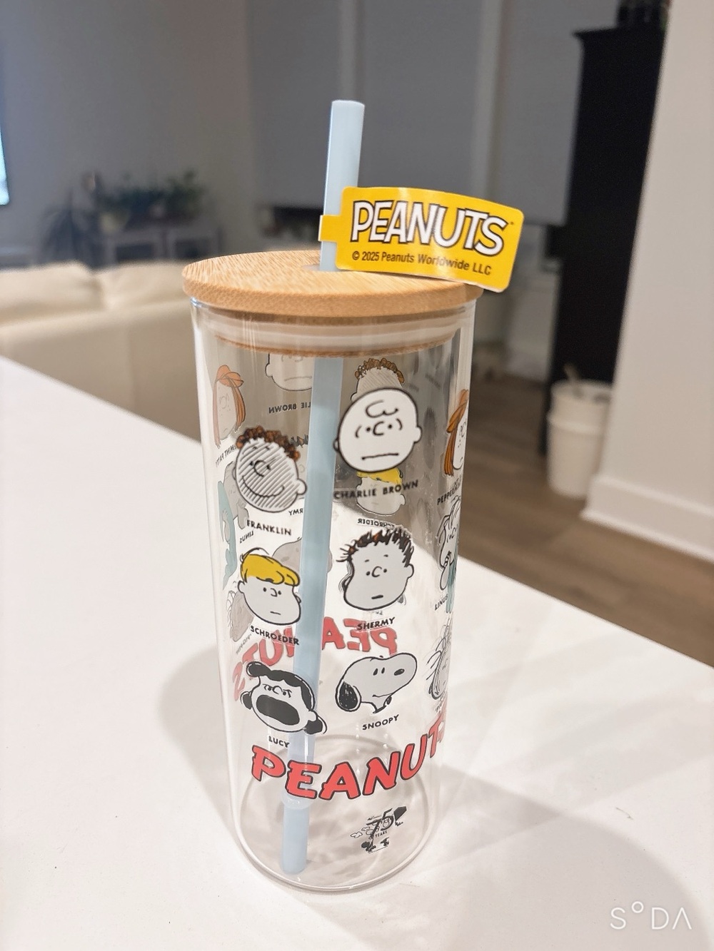 Peanuts Character Glass Tumbler with Bamboo Lid & Light Blue Straw